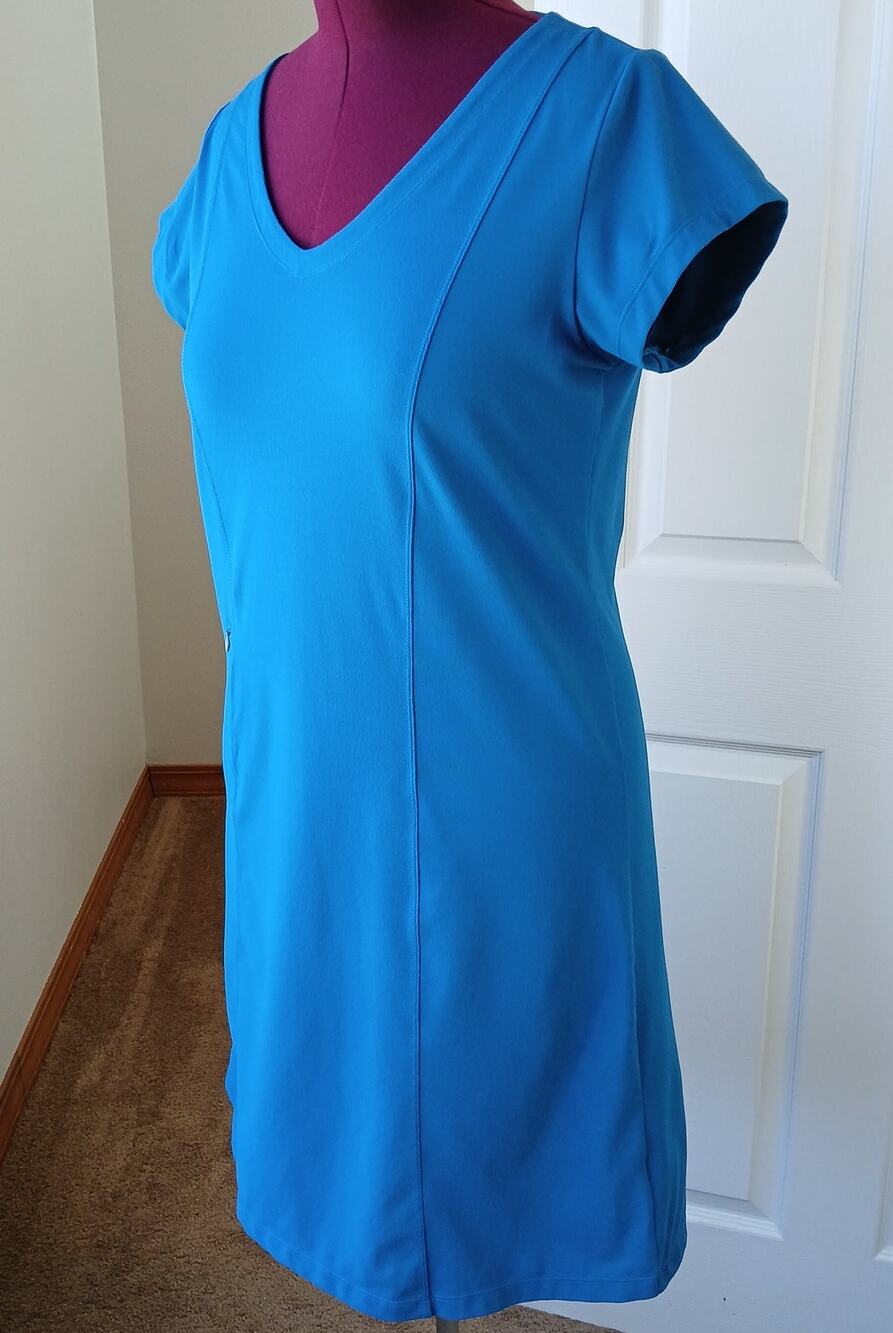 Toad & Co Aquaculture Short Sleeve Dress L blue teal princess seams zip pocket